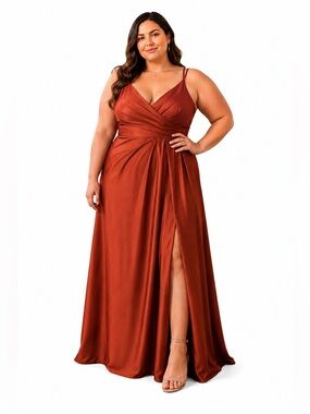 Azazie Aqua Stretch Satin Bridesmaid Dress A22 Terracotta BNWT